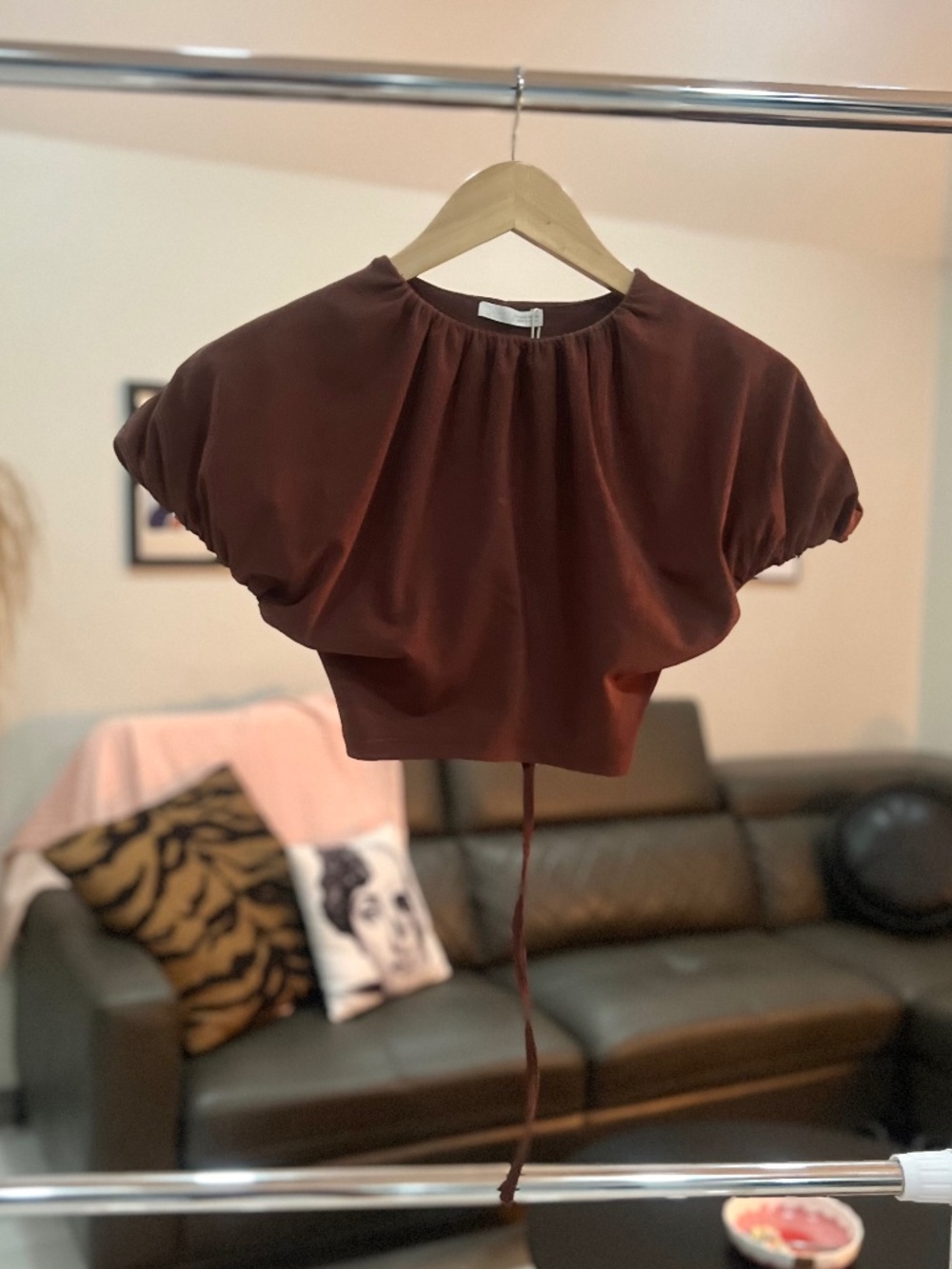 NWT Zara puff sleeve brown crop top Sz S